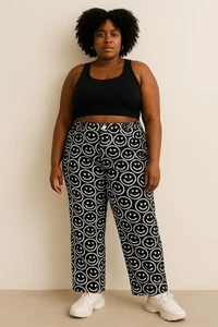 Shekou Smiley Face Print Pants Women’s XL – Black & White High Rise Cotton Jeans - Picture 1 of 12