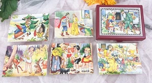 Vintage W. GERMANY Fairy Tales WOODEN Block Cube Puzzle w/Plastic Case/Pictures - Picture 1 of 13
