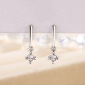 925 Sterling Silver Bar CZ Crystal D Shape Hook Drop Dangle Earrings Women Girls - Picture 1 of 9