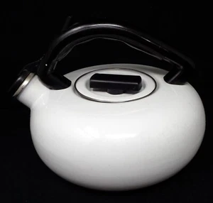 Large White Enamel Coated Metal Whistling Teapot Tea Kettle - Picture 1 of 8