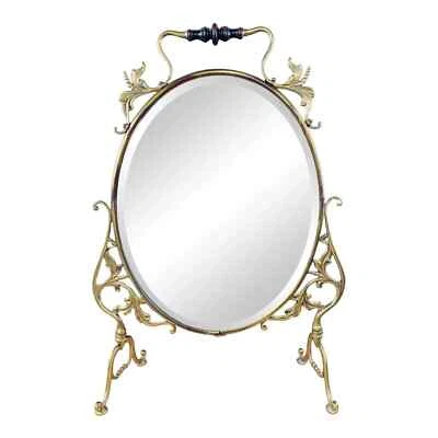 Espejo de mesa o piso ovalado de latón Art Nouveau con grabado floral Foto 1 de 4