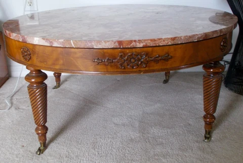 MARBLE TOP TABLE ON WHEELS CARVED WOOD BASE PINK Cover