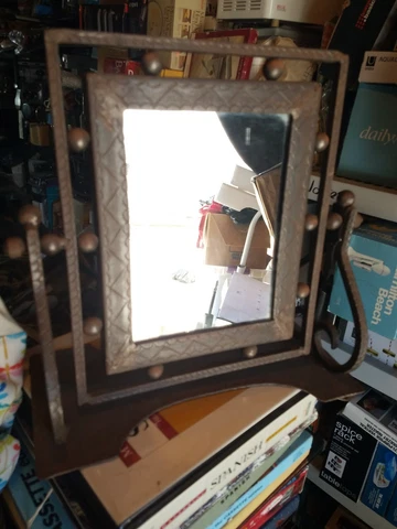 vintage rustic tabletop solid steel mirror. heavy* 13x13x6.5in* Rare item* Cover