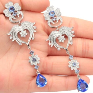 Buy 3 get 1 free Long Big 15g Violet Tanzanite Women Wedding Silver Earrings - Picture 1 of 3