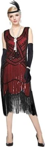 1920s Gatsby Sequin Fringed Paisley Flapper Dress with 20s Accessories Set - Picture 1 of 41