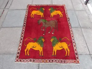 Vintage Traditional Hand Made Oriental Gabbe Wool Red Rug 157x109cm Animal Lion - Picture 1 of 11