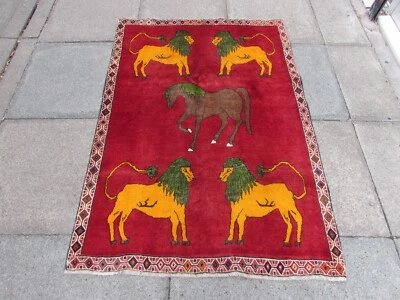 Vintage Traditional Hand Made Oriental Gabbe Wool Red Rug 157x109cm Animal Lion - Image 1 of 4