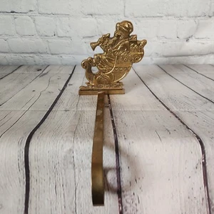 Vintage Brass Santa On Sleigh Christmas Stocking Holder Long Arm Hook Heavy - Picture 1 of 9