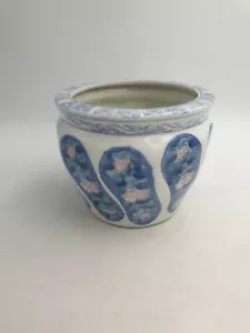 CHINESE PORCELAIN PLANTER FLOWER POT JARDINIERE BULBOUS BLUE PINK FLORAL PANELS - Picture 1 of 12