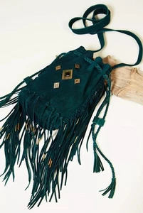 Free People Lost Desert Emerald Suede Fringe Crossbody Bag | Boho Tassel Purse - Picture 1 of 13