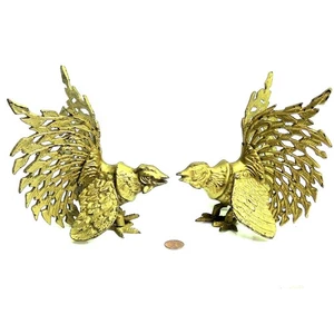 Par de gallos de pelea de pájaros de latón 2 estatuillas de metal sujetalibros de 7" decoración de colección - Imagen 1 de 9