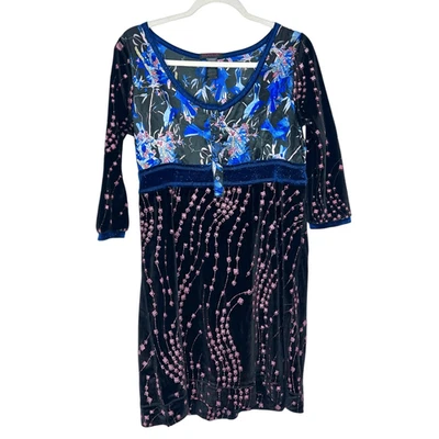 Vestido Custo Barcelona Mujer Pequeño Negro Azul Terciopelo Satinado Pájaro Floral Mini y2k Foto 1 de 4