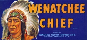 Original WENATCHEE CHIEF Pfirsichkiste Etikett Wenatchee Washington Wenoka Growers - Bild 1 von 1