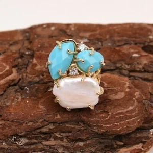 Natural Stone Blue Turquoise White Keshi Pearl Electroplated Crystal Rings - Picture 1 of 10