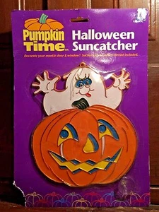 Large Halloween Suncatcher Pumpkin Time White Ghost & Orange Pumpkin Home Decor - Picture 1 of 6