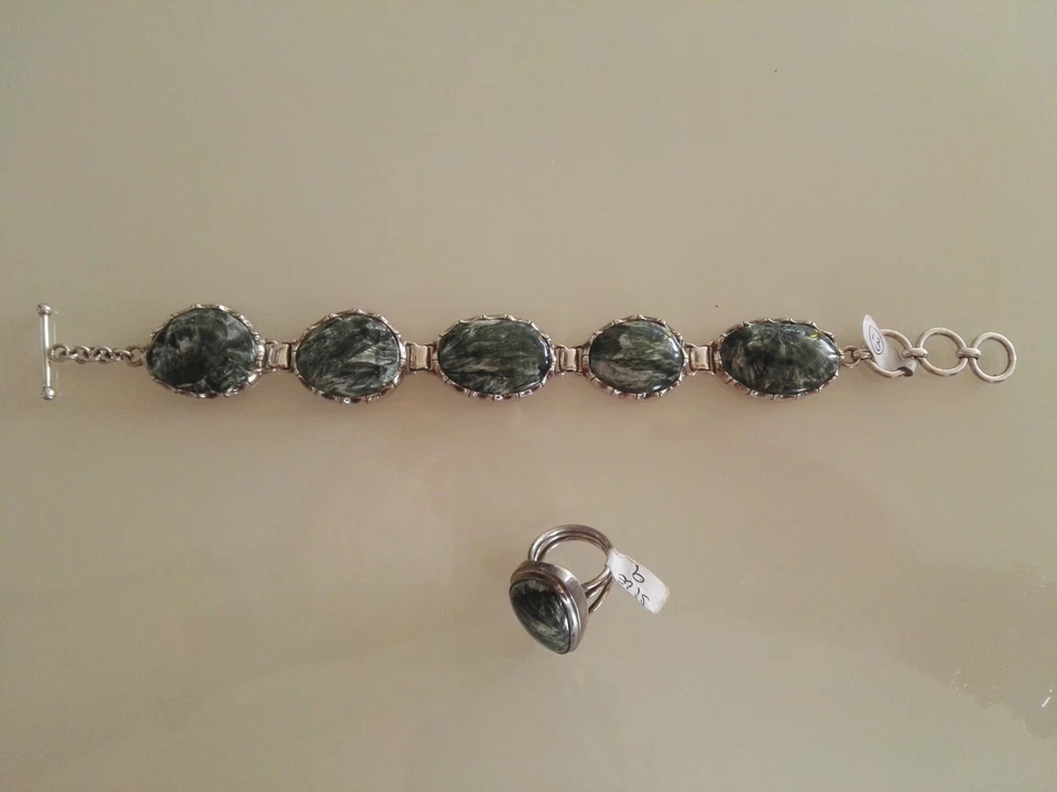 Malachite Stone/Sterling Silver Bracelet with Ring set. Brand New! - Immagine 1 di 4