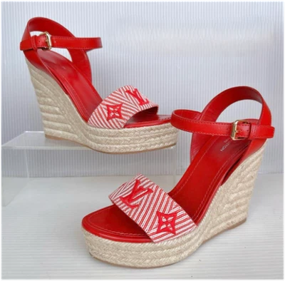 Louis Vuitton Monograma Lona Cuero Alpargatas Suela de Cuña Sandalias Rojo EE. UU. 5.5 Foto 1 de 4