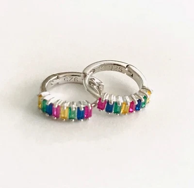 925 Solid Sterling Silver Hoop Earrings  9mm Rainbow Multicolor Earrings- ESE63 - Image 1 of 4