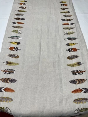 Coral & Tusk Feathers Table Runner Embroidery Linen Boho Table Cloth Runner - Image 1 of 4