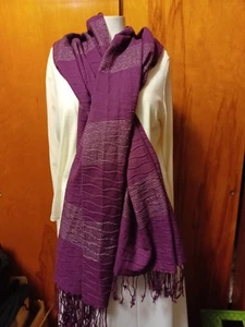 Purple w/Silver Thread Wide Shawl Scarf Fringe 84"× 28-1/2" - Picture 1 of 9