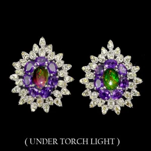 Orecchini In Argento Sterling 925 Ovali Con Opale Nero Gemma Naturale 7x5mm - Foto 1 di 13