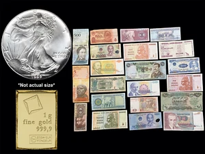 1 Gram Gold Bar Valcambi Suisse, Silver Eagle, & 21 World Banknote Set Lot - Picture 1 of 24