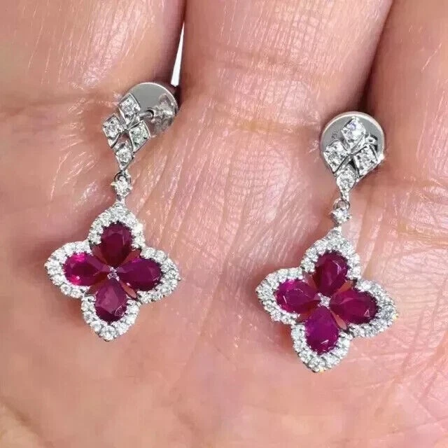 Pendientes colgantes para mujer enchapados en oro blanco de 14k de 2,20 quilates corte pera rubí rosa simulado Foto 1 de 4