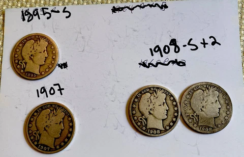 Lot of 4 - Barber Half Dollar 1895s, 1907, 1908s X2 US Silver Coin - 50 cent Cover