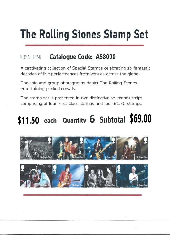Hojas de colección y estampillas de arte Royal Mail Rolling Stones Foto 1 de 4