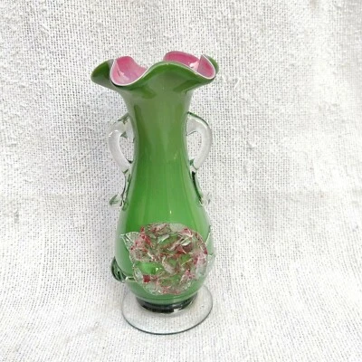 Vintage Handmade Floreale Verde Rosa Vetro Pontil Marchio Fiore Vaso 7.5 GV103 - Bild 1 von 4