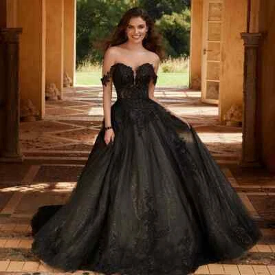 Elegante Vestido de Novia Negro Línea A Hombro Descubierto Lentejuelas Encaje Apliques Vestido de Novia Foto 1 de 4