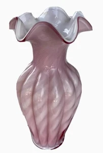 Vintage Pink White Fenton Milk Glass Swirl Tall Vase Ruffle 11 Inch - Picture 1 of 3