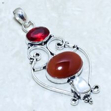 Red Onyx, Garnet Gemstone Handmade Ethnic Silver Jewelry Pendant 2.9" PLG12886