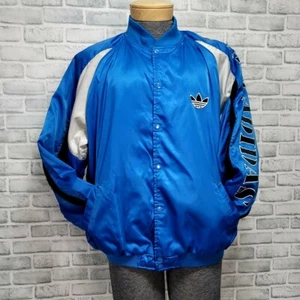 Vintage 80s 90s Team Adidas Originals Blue Satin Bomber Snap Jacket Spellout - Picture 1 of 12