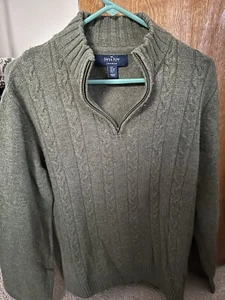 Savile Row Men’s Sweater • Large Green Quarter Zip • Cable Knit • Nylon & Wool - Picture 1 of 6