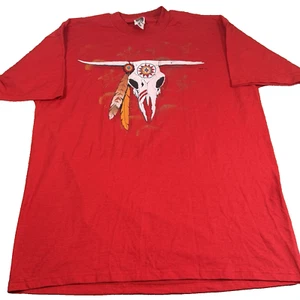 Vintage Bull Skull Native Graphic T-Shirt Red XL USA Made Fruit of the Loom - Picture 1 of 5
