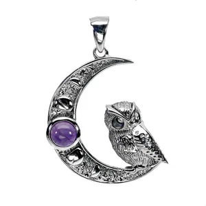 925 Pendente Argento Sterling Rotondo Ametista 4mm Gufo Naturale Gemma Gioielli - Foto 1 di 13