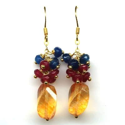 Gift For Her 925 Sterling Silver Azoric Orange Topaz, Sapphire & Ruby Earrings - Image 1 of 4