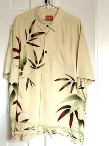 Tommy Bahama Shirt Men's XL Hawaiian 100% Silk Textured Pale Yellow Leaf Motif - Picture 1 of 10