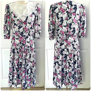 Vintage Lisa II blau weiß Blumen Latzkragen Cottagecore Midikleid Damen Gr. L - Bild 1 von 5