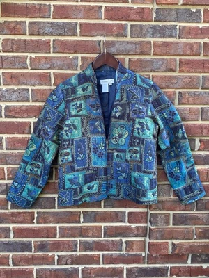 Coldwater Creek XSP Blue/Green Patchwork Brocade lined zip Jacket Vintage - Image 1 of 4