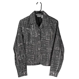 Chico's Womens Jacket Gray Embroidered Geometric Button Western Vintage Sz 0 S/4 - Picture 1 of 7