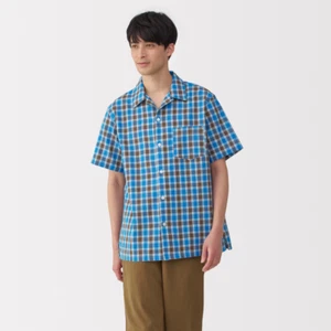 Camicia uomo MUJI 100% cotone biologico Madras check collo aperto blu FedEx - Foto 1 di 9