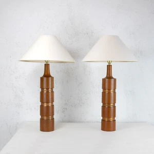 Pair Vintage Mid Century Tall Teak Brass Table Lamps Lights Shade Danish #102877 - Picture 1 of 24