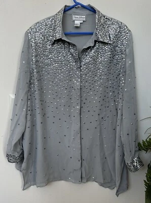 Nueva Blusa Camisa Top Diane Gilman Para Mujer 100% Gris Seda Lentejuelas Artísticas Talla 3X Foto 1 de 4