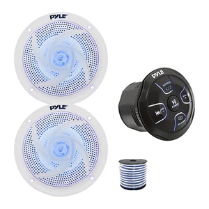 Pyle 4-CH Marine Bluetooth Controller, 2x 6.5" Blue Flash LED White Speaker,Wire - Picture 1 of 7