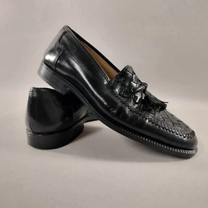 Stanley Blacker Black Dress Shoes Mens Size 8.5 Loafer Woven Tassel Leather - Picture 1 of 7
