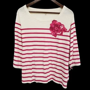 Coldwater Creek Womens Striped Sequin Flower Top Size 2X Tropical Mature Beach - Picture 1 of 12