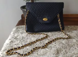 BALLY Navy Quilted Leather Handbag Chain Bag Purse Gold Locking Authentic. SSH - Picture 1 of 11