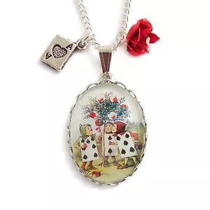 Alice in Wonderland necklace PAINTING the ROSES charm red queen of hearts cards - Picture 1 of 3